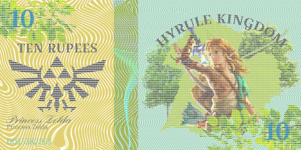 Fictional dollar bill of Link (from the Legend of Zelda) and the Hyrule logo